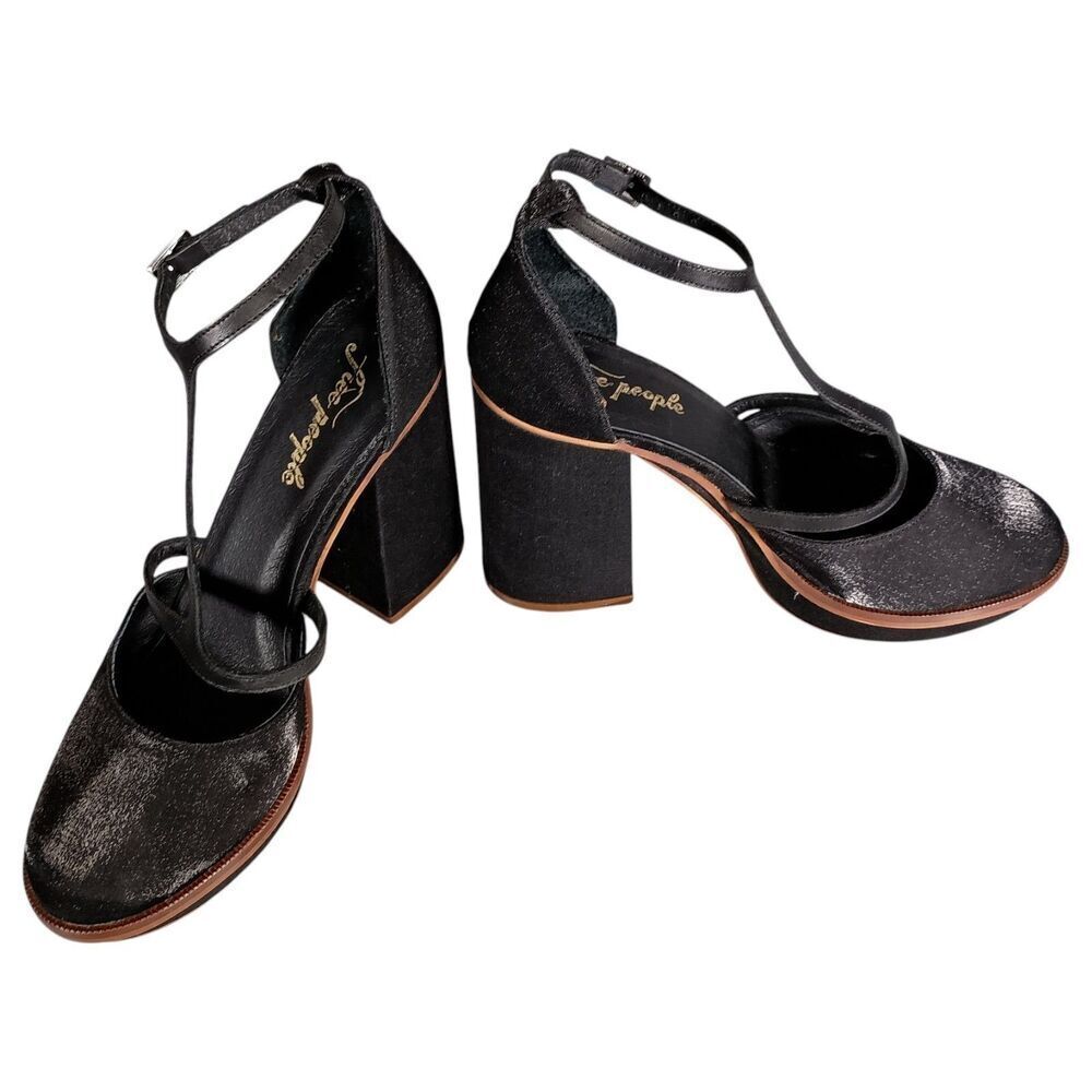 Free People Sandals 9.5 Womens Black Textile Platform Block Ultra High Buckle - Picture 6 of 10
